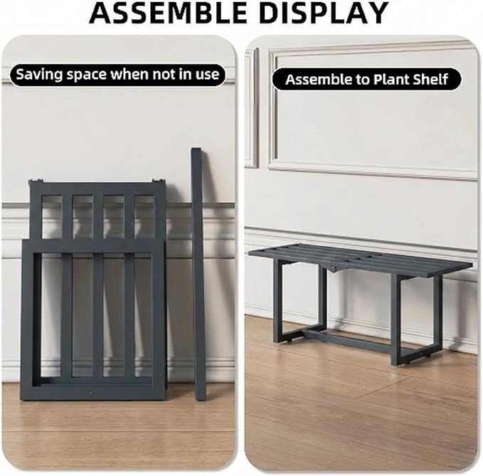 Plant Stand Indoor Outdoor, Foldable Metal Plant Shelf for Multiple Pots, Mid Century Slatted Bench for Patio Garden, Heavy Duty Capacity 330 lbs 2 Pack Grey