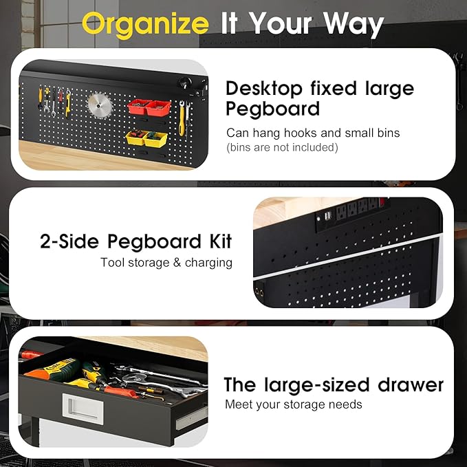 60" Adjustable Work Bench with Drawers, Workbench for Garage with Strip Light, Work Table with Large Pegboard, 2000 LBS Heavy Duty Table with Power Outlet Rubber Wood for Office, Workshop