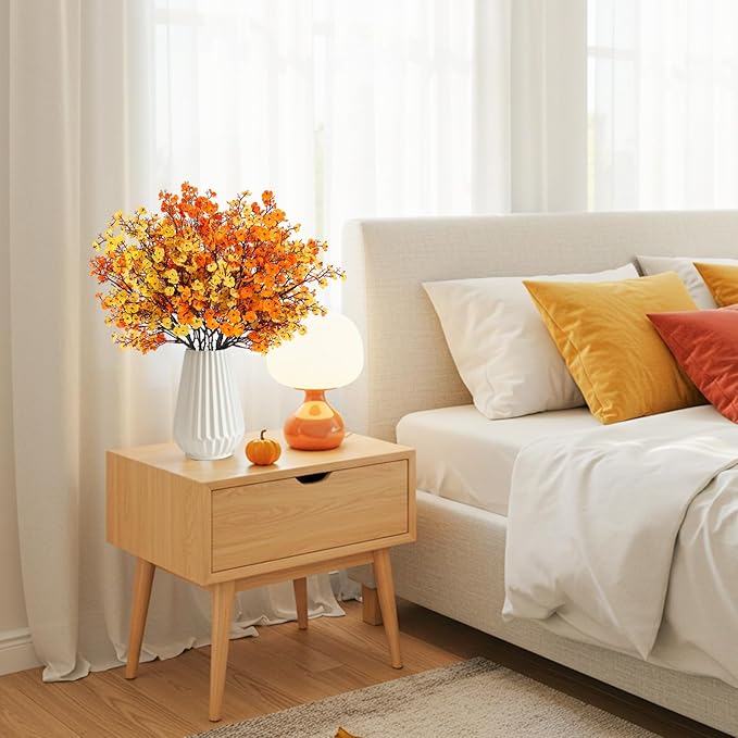 8Pcs Babys Breath Artificial Fake Fall Flowers, Real Touch Orange Yellow Plants Silk Flowers for Vase Home Office Wedding Indoor Outdoor Centerpiece Table Party Autumn Christmas Decorations