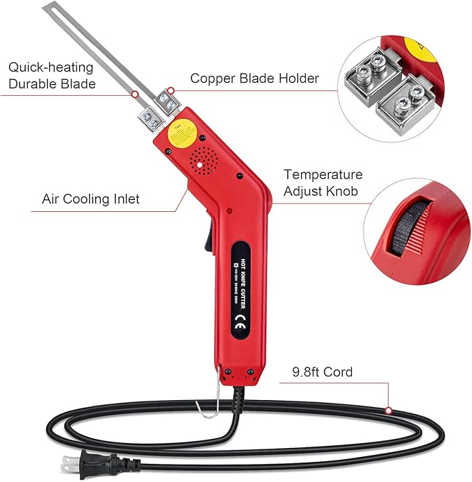 Toemics Electric Hot Knife Foam Cutter – 200W Styrofoam Cutting Tool, 4 Adjustable 50-500°C Blades for Polystyrene, Sponge, Crafts, and Insulation (Red)