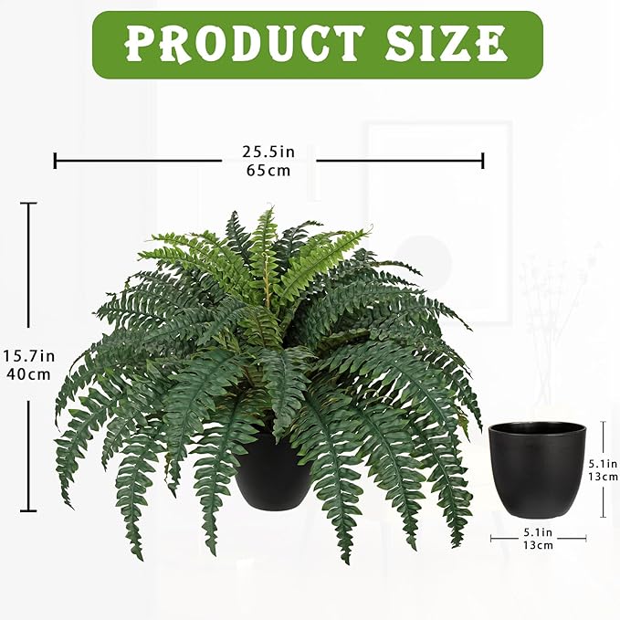 Hollyone Artificial Large Fern Boston Potted Plant for Outdoors & Indoor 25.5inch Faux Fake Fern Bush Plant in Pot for Patio Garden Farmhouse Windowsill Entrance Porch Office Living Room Home Decor