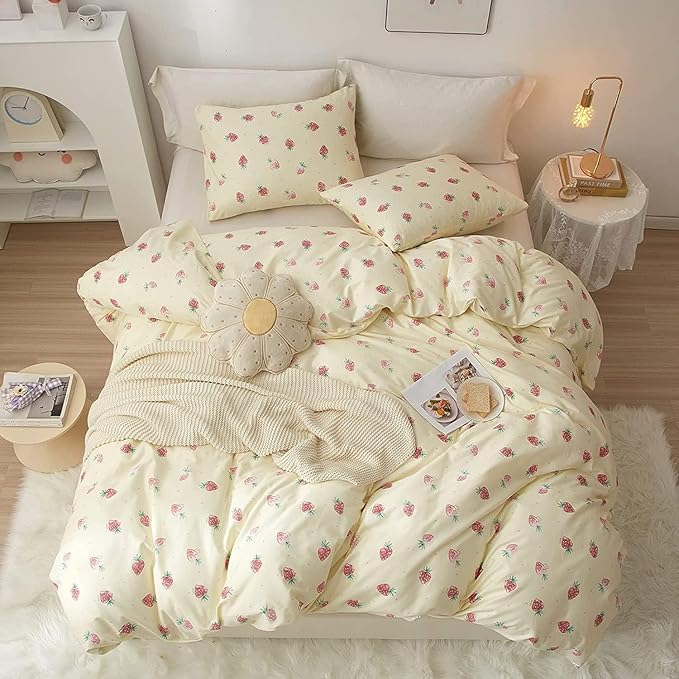 LifeTB Cute Strawberry Duvet Cover Twin XL Soft Cotton Kawaii Bedding Sets Kids Girls Bedroom Decor Fresh Small Comforter Cover 3 Piece Bed Set Twin XL Duvet Cover 2 Pillowcases