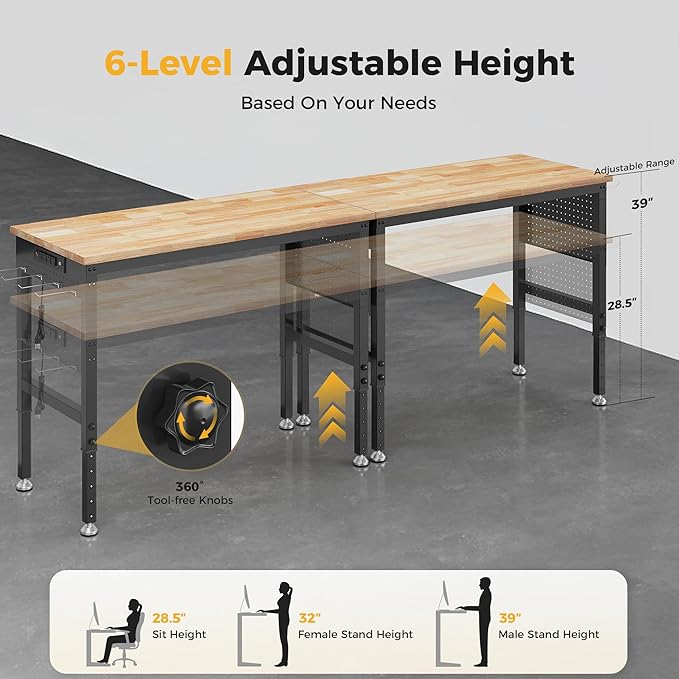 96" Adjustable Heavy Duty Workbench, 2000 LBS Load Capacity Rubber Wood Work Table with Pegboard, Power Outlets, Work Bench for Garage, Workshop, Office, Home, Commercial, Ships in 2 Boxes