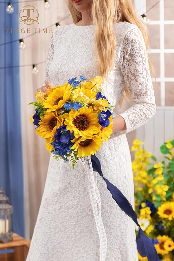 TINGE TIME 9 inch Bridal Bouquets for Bride, Artificial Silk Flowers Tossing Bouquet, Bride Bouquets for Wedding, Ceremony, Anniversary (Sunflower&RoyalBlue)