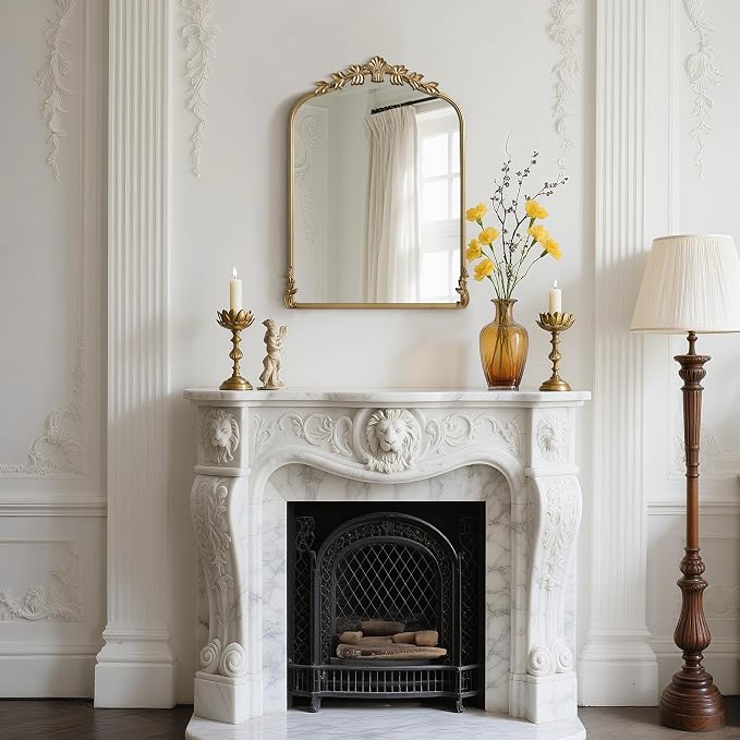 WallBeyond Gold Antique Mirror for Vanity 22x30 Inch, Gold Vintage Mirror with Ornate Frame, Arched Vintage Wall for Bathroom, Living Room, Fireplace