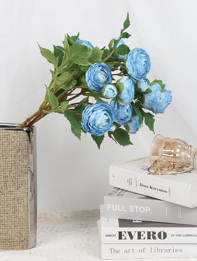 Blue Ranunculus Artificial Flowers 3PCS 18 Heads Faux Silk Peonies with Stems Real Look Faux Ranunculus for Centerpieces Arrangements Wedding Party Home Decoration(Blue)