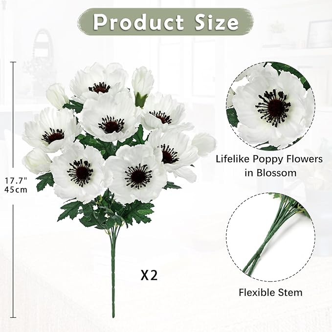 Hollyone 10 Heads White Poppy Flowers Artificial 2Pcs Fake Poppies Flowers Bouquets with 7 Heads Full Bloom Poppy & 3 Buds Bouquet Stems Spring Sumer Faux Floral Flower Arrangement for DIY Home Decor