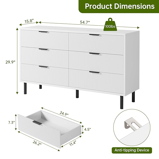 GarveeHome White Fluted 6 Drawer Dresser, Wide Wood Double Dresser with Metal Legs and Handles, Modern Chest of Drawers with Anti-Tipping Design for Bedroom Living Room, Hallway