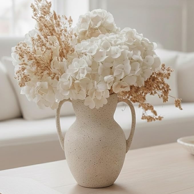White Ceramic Rustic Vase with 2 Handles, Farmhouse Round Flower Vase, Vintage Terracotta Vases for Home Decor, Wedding, Living Room, Table, Shelf Decor - 8.6 Inch Tall, Speckled White