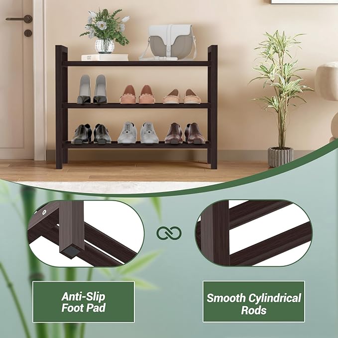 Haddockway Bamboo Shoe Rack for Closet, Free Standing Shoe Organizer with Smooth Round Rods & Convenient Handles, Stackable Shoe Storage Shelf for Entryway, Hallway(Brown, 3-Tier(Small))