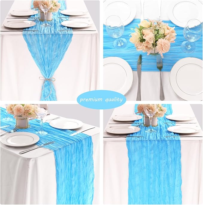 12 Pack Cheesecloth Table Runner 35x72 Inch Boho Gauze Rustic Cheese Cloth Romantic Long Table Runner for Wedding Bridal Shower Birthday Party Table Decor (Baby Blue)