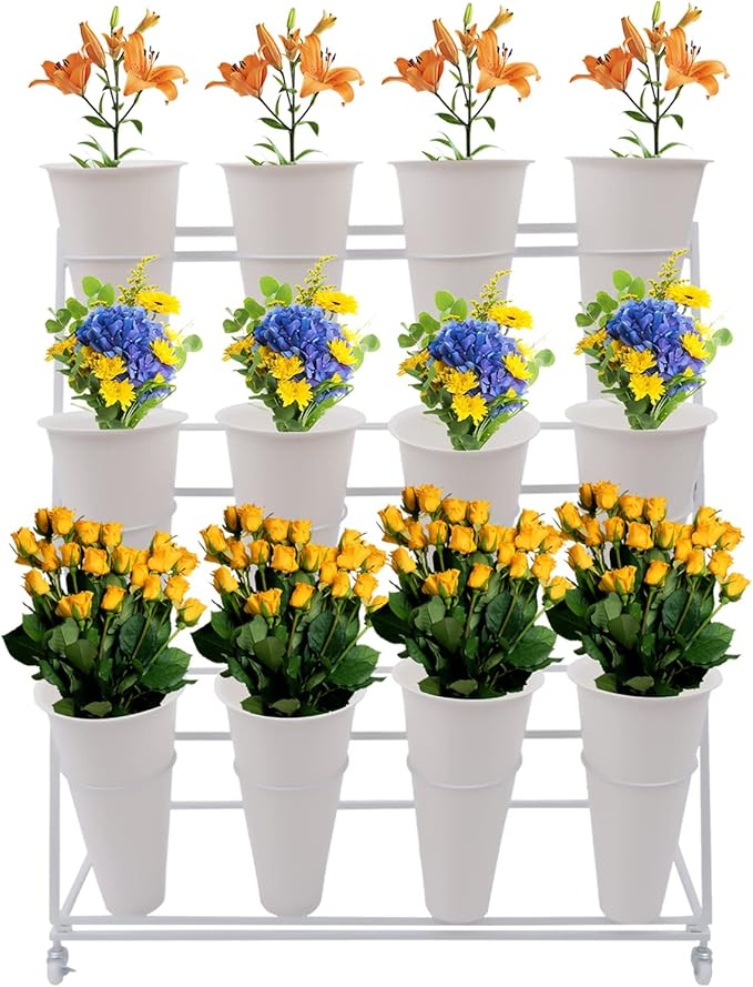 3 Layers Movable Flower Display Stand Metal Plant Stand with 12Pcs Buckets Moving Florist Bouquet Shelf Flower Holder Organizer Rack for Patio Garden Living Room Florist,White