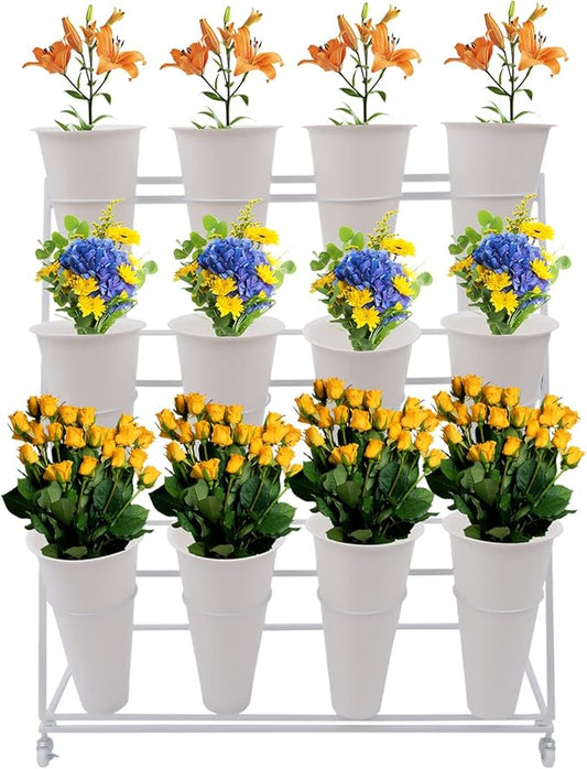 3 Layers Movable Flower Display Stand Metal Plant Stand with 12Pcs Buckets Moving Florist Bouquet Shelf Flower Holder Organizer Rack for Patio Garden Living Room Florist,White