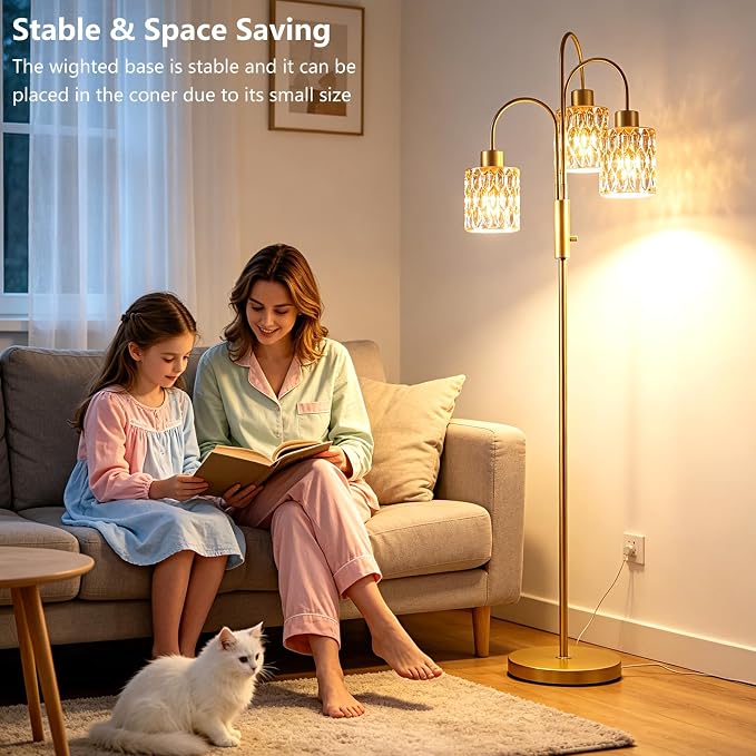 70" Glass Floor Lamp, 3-Light Gold Dimmable Standing Tall Lamp with Amber Ribbed Glass Shades &3PCS 3000K Warm White Bulbs, Modern Tree Pole Lamp for Living Room Bedroom Home Decor