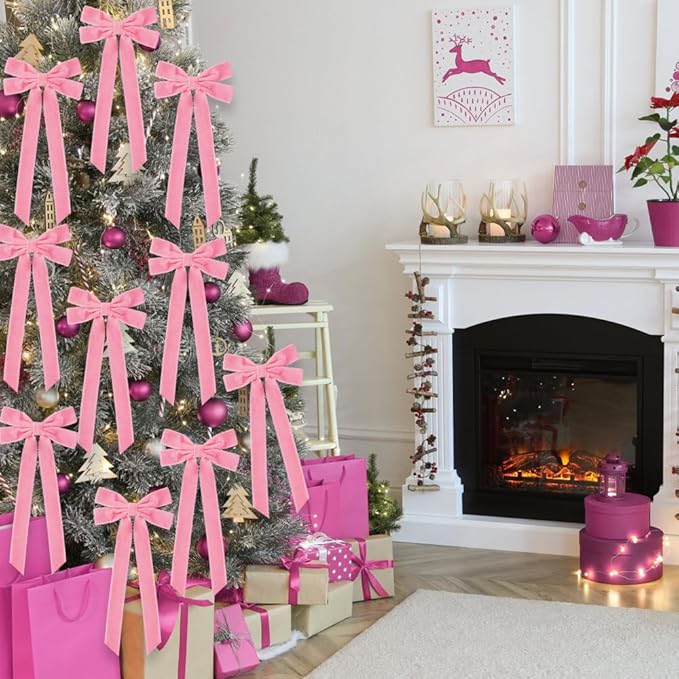 JOICEE 15Pcs Pink Velvet Bows, 5in x 12in Christmas Tree Wreath Bows Rustic Crafts Gift Ribbon Bows for Christmas Decorations Indoor Outdoor Birthday Party Wedding Holiday Decor