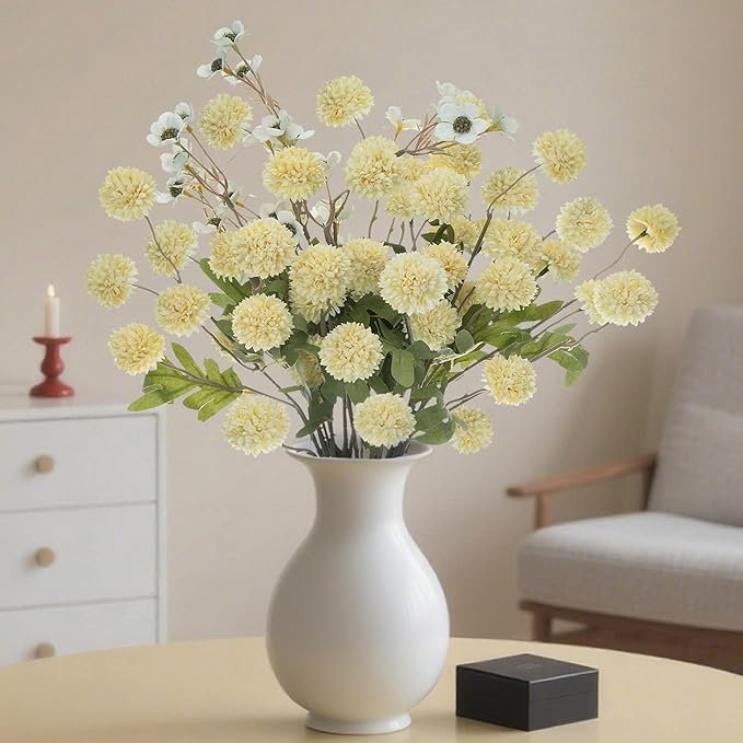 8PCS 20.5In Yellow Fake Flowers Artificial Chrysanthemum Faux Mums Matching 2PCS White Daisy Faux Flowers for Vase Fall Long Stems Flower Silk Flower for Home Decor Wedding Decor (No Vase)