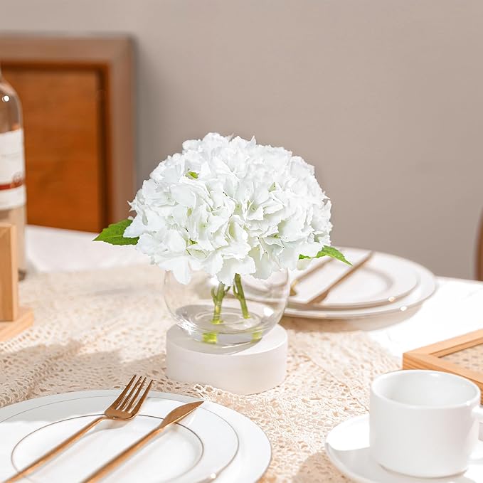 Artificial Hydrangea with Fake Water in Vase, Real Touch Faux Flowers, Silk Fake Hydrangea Flower Arrangement with Faux Water for Home Office Bathroom Wedding Table Centerpiece Decor(White)