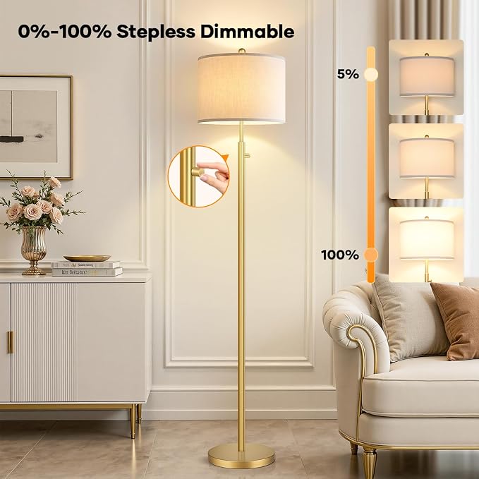 Nintiue 【Upgraded】 Dimmable Floor Lamp for Living Room, 11W LED Bulb Included, Modern Standing Lamp, Tall Pole Light with Linen Shade for Bedroom Reading Office Corner Nursery-Gold