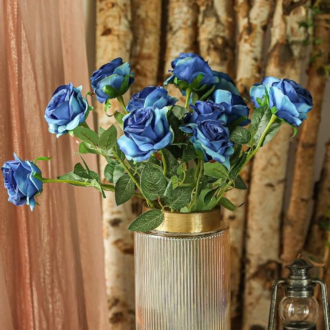 Kisflower 12Pcs Gradient Blue Roses Artificial Flowers, Realistic Single Stem Flowers Silk Rose Bouquet for Wedding Party Office Home Decor (Gradient Blue)