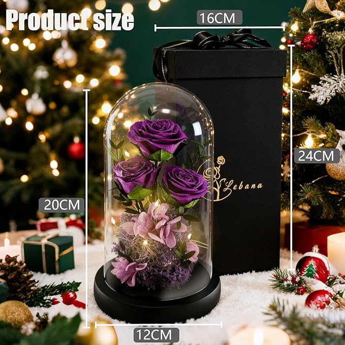 Birthday Gifts for Women Mom Fresh Flowers for Delivery Prime Forever Preserved Rose in Glass Dome Gifts for Her Girlfriend Grandma Daughter Wife Valentines Mothers Day Christmas Anniversary-Purple ﻿