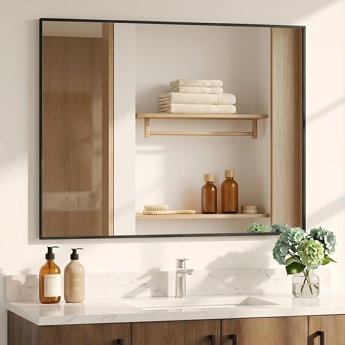 48"x36" Black Landscape Bathroom Mirror for 48-60 inch Vanity, Shatterproof Tempered Glass, Narrow Metal Frame, Large Mantle Mirror