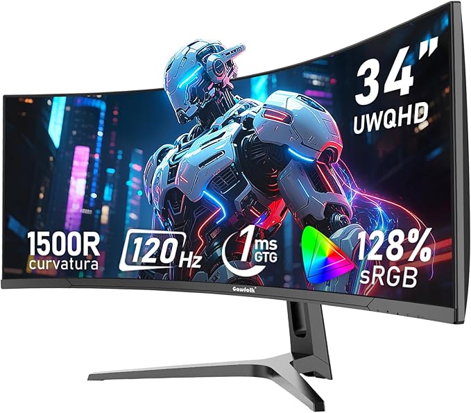 Gawfolk 34 Inch Ultrawide Curved 120Hz Gaming Computer Monitor 1500R PC Screen 21:9 UWQHD (3440x1440),Adaptive Sync,178° Viewing Angle,128% sRGB,Display Port、HDMI,Compatible with Wall Mounted -Black
