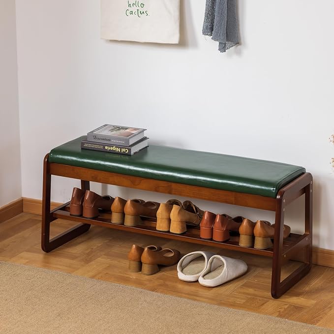 SOBIBO Solid Wood Shoe Bench, 2-Tier Entryway Bench with Cushion and Flip-Open Storage Box, Mid-Century Modern Shoe Bench Rack for Hallway, Mudroom(Green, 39.4'')