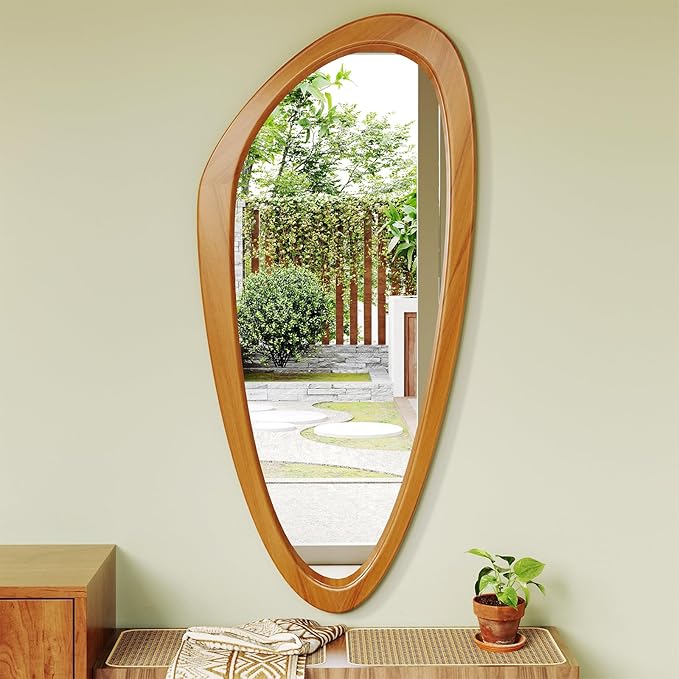 Mid Century Modern Mirror, 22x48 Inch Irregular Wall Mirror, Asymmetrical Wall Mirrors Full Length with Pine Wood Frame for Living Room Bathroom Entryway Hangs Horizontally or Vertically