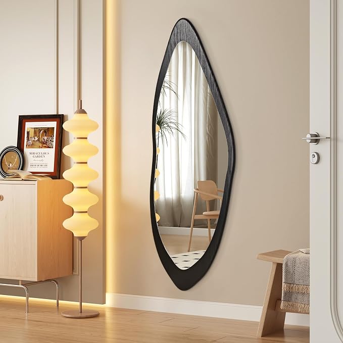 AAZZKANG Irregular Wall Mirror Full Length Large with Wood Framed 47"x16" Black Asymmetrical Full Body Mirrors for Bedroom Living Room Entryway