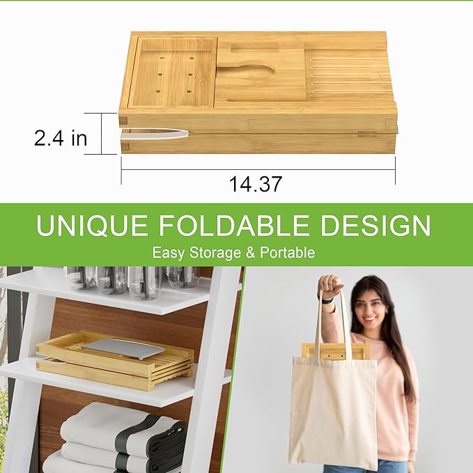Bathtub Caddy Tray for Tub,Foldable Bath Table Trays,Bamboo Shelf with Book and Wine Glass Holder,Bathroom Accessories Suitable for Luxury Spa or Reading,Natural