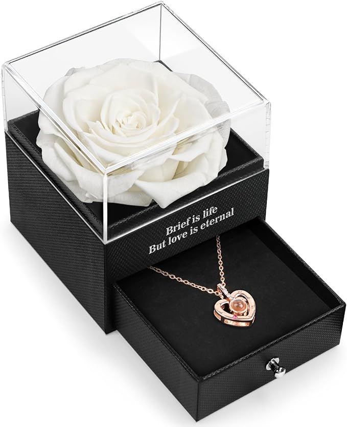 for Mom Wife Women Preserved Real Rose with I Love You Necklace in 100 Language for Her Girlfriend, White Eternal Rose Flower Gifts for Valentine's Day Birthday Anniversary
