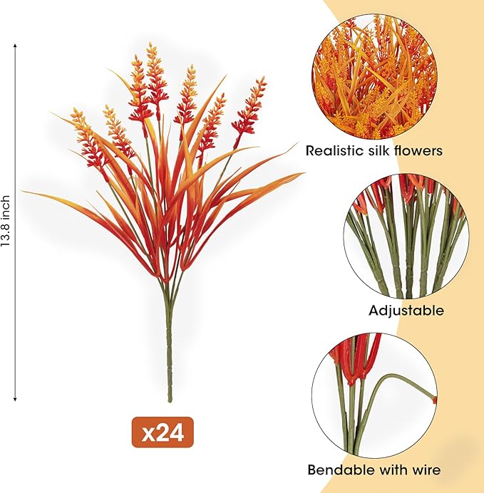 Ouddy Decor 24 Bundles Artificial Fall Flowers for Decorations, Fake Mums Faux Lavender Monkey Grass Plastic Plants UV Resistant for Garden Porch Farmhouse Autumn Harvest Thanksgiving Decor, Orange