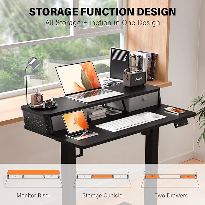 Electric Standing Desk with 2 Drawers 40''x 24'' Small Adjustable Height Sit to Stand Up Desk with Storage Shelf, C-Clamp Mount Compatible Black Home Office Desks Computer Desk Ergonomic Workstation