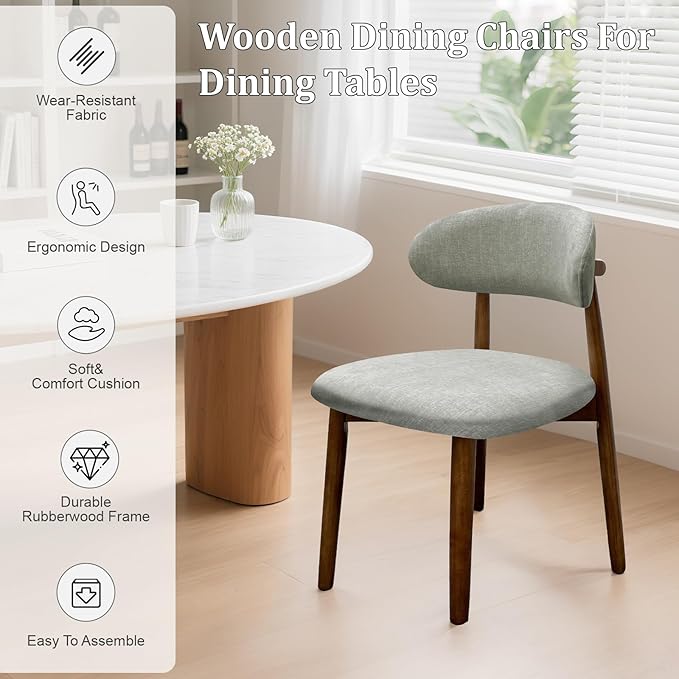 Farmhouse Dining Chairs Set of 2, Mid Century Modern Fabric Upholstered Kitchen Chairs, Wooden Dining Room Chair with Curved Back for Kitchen Dining Room Restaurant Cafe, Light Green (Only Chairs)