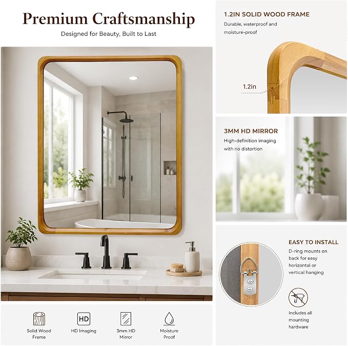 Tanmicoshomy Natural Wood Bathroom Mirror 30 x 36 Inch, Rectangle Mirrors with Tempered Glass for Living Room Bedroom or Entryway