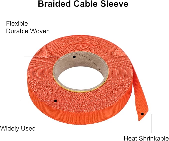 MECCANIXITY Braided Cable Sleeves Heat Shrinkable Fabric Sleeving, 1/2" 33ft Orange 2:1 Ratio Heat Shrinkable Cord Protector for Harness Cable, Network Cable Protection, Cable Management