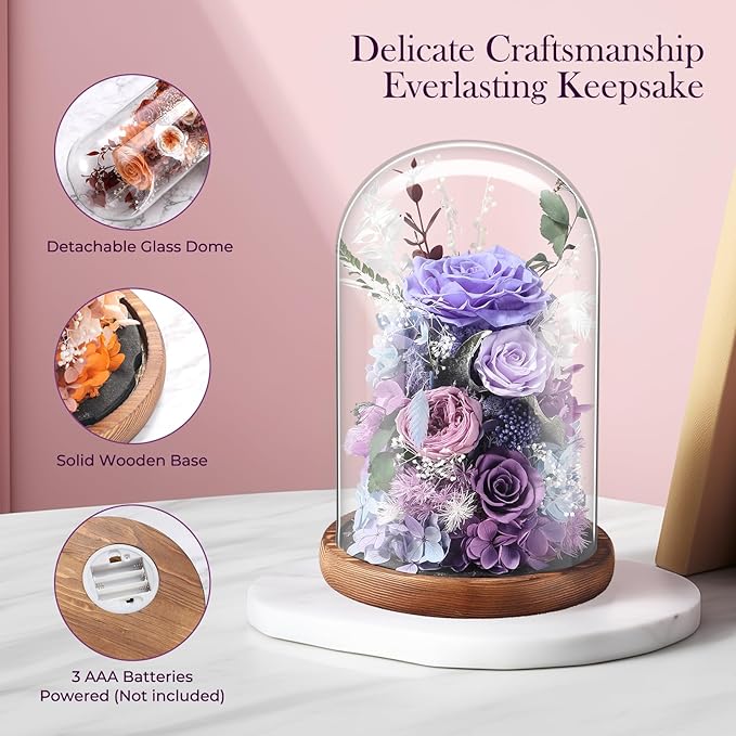 Eternal Rose Lilac Purple Flower Preserved Long Lasting Stable Color Natural Material Symbol of Everlasting Love for Wife Mothers Select Anniversary Rose Gift Birthday Present Christmas