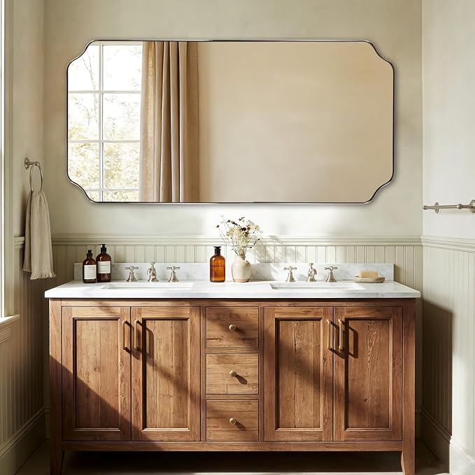 ANDY STAR 30"x60" Large Bathroom Mirror, Brushed Nickel Rectangle Scalloped Mirror, Modern Full Length Wall Mirror with Rust-Proof Stainless Steel Frame, Hangs Vertically or Horizontally