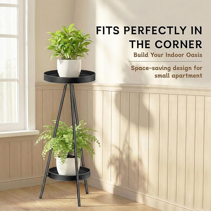 2 Tier Tall Plant Stand Indoor Outdoor, 31.5" Metal Modern Flower Corner Holder, Black Iron Plant Shelf Rack, Heavy Duty for Small Spaces, Bedroom & Balcony
