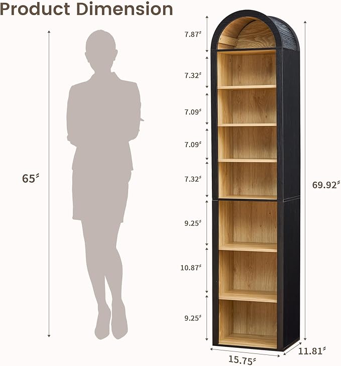 Turtle&Myrtle Tall Narrow Arched Bookshelf, 8-Tier Skinny Arch Bookcase for Small Space, Freestanding Storage Organizer with Adjustable Shelves, Open Display Shelves for Living Room, Entryway (Black)