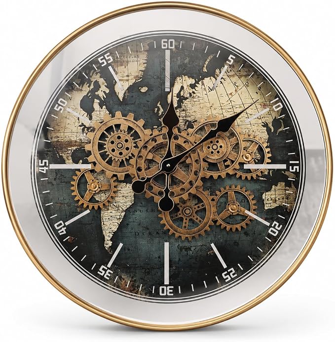 October Elf Large Moving Gear Wall Clock 23 Inch | Moving Gears/Industrial Iron Frame/Mirrored Glass/ World Map Dial/Modern /Extra Hands/ Living Room Decor/Housing Warming Gift