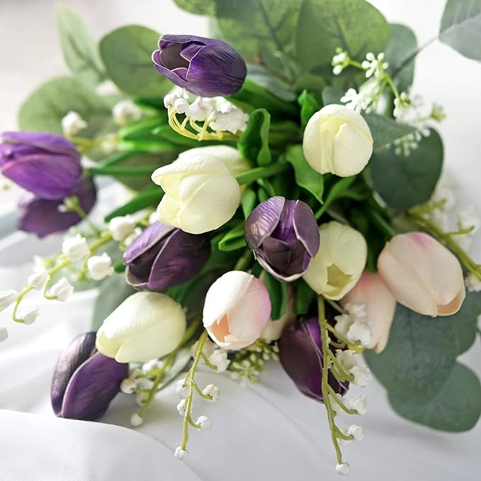 FiveSeasonStuff Real Touch Tulips Artificial Flowers – 15 Stems Faux Tulip Bouquet in Gift Box for Wedding, Home Decor, Party, Floral Arrangements (Beyond Purple)