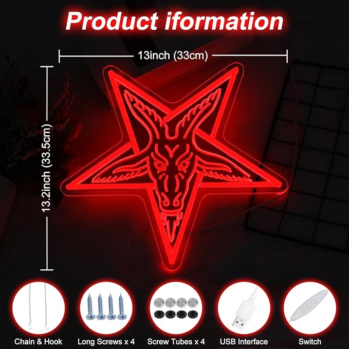 Gothic Baphomet Neon Light, for Wall Decor, Gothic Home Decor,Gothic Satan Sigil for Halloween Wall Art,Lamb Demons Baphomet Inverted Pentagram,3D Engraved Neon Sign For Halloween & Home Ambiance