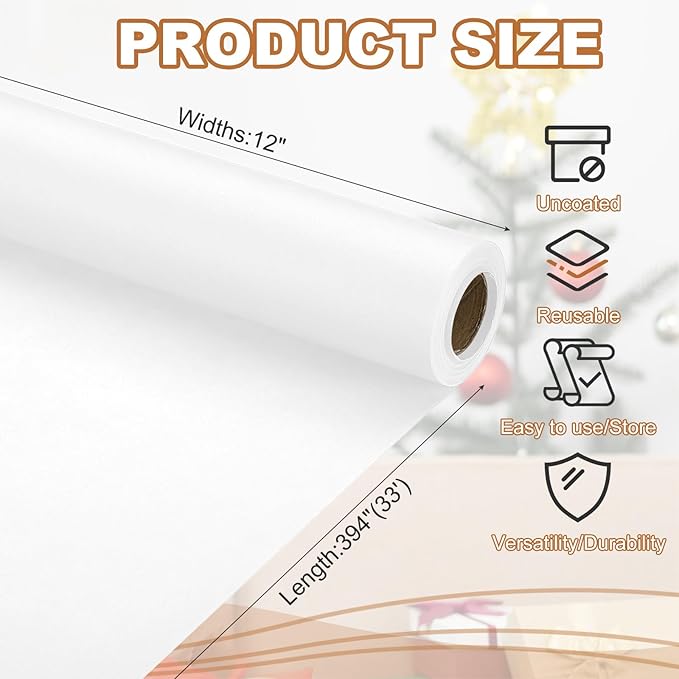 PATIKIL Wrapping Paper, 12" x 394"(33') 70 GSM Craft Paper Roll Kraft Packing Paper for Poster Bulletin Board, Gift Wrapping, White
