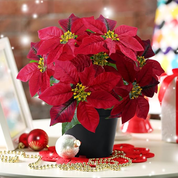 Poinsettia Artificial Red Christmas Flowers 14Inch Faux Poinsettia Plant Winter Flowers for Indoor Outdoor Xmas Ornament Porch Home Garden Decorations