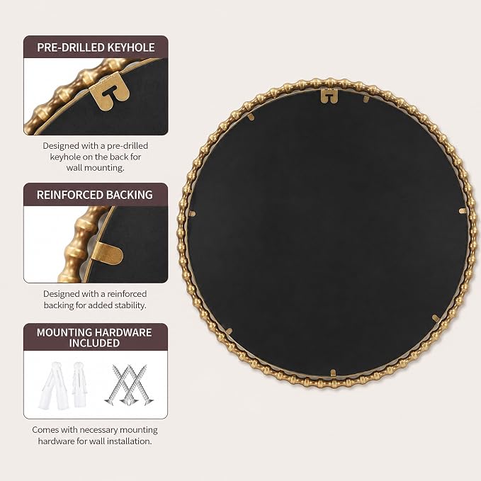 30 Inch Round Gold Bathroom Mirror – Antique Gold Beaded Frame, Large Vintage Decorative Wall Mounted Mirror for Vanity, Bedroom, Living Room, Entryway, 30" Round Gold Accent Mirror