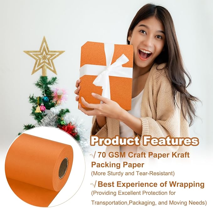 PATIKIL Wrapping Paper, 20" x 700"(59') 70 GSM Craft Paper Roll Kraft Packing Paper for Poster Bulletin Board, Gift Wrapping, Orange