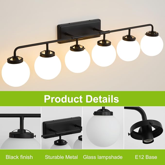 Bathroom Light Fixtures Over Mirror, 6-Light Matte Black Vanity Lighting with Milk White Glass Globe Shades Modern Wall Sconce
