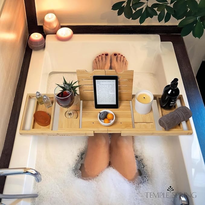 Temple Spring Foldable Bamboo Bathtub Tray Caddy for Tub — Expandable One-Piece Wood Bath Table with Wine Holder Book Stand and Non-Slip Pads — Space-Saving Bath Caddy — Housewarming