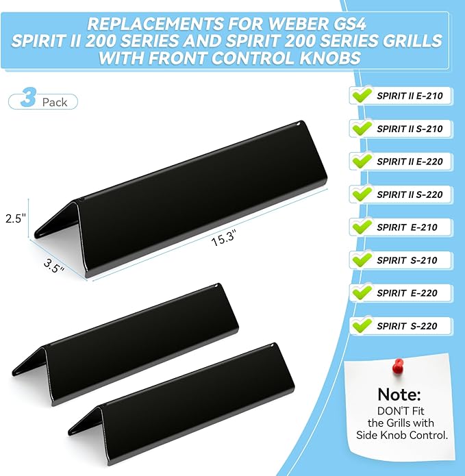 Webonbake 15.3 inch Flavorizer Bars for Weber Spirit I & II 200 Series Spirit E210 S210 E220 S220 with Front Control Knobs, Porcelain Enameled Steel Heat Plate Flavor Bar Replacement for 7635, 3 Pack